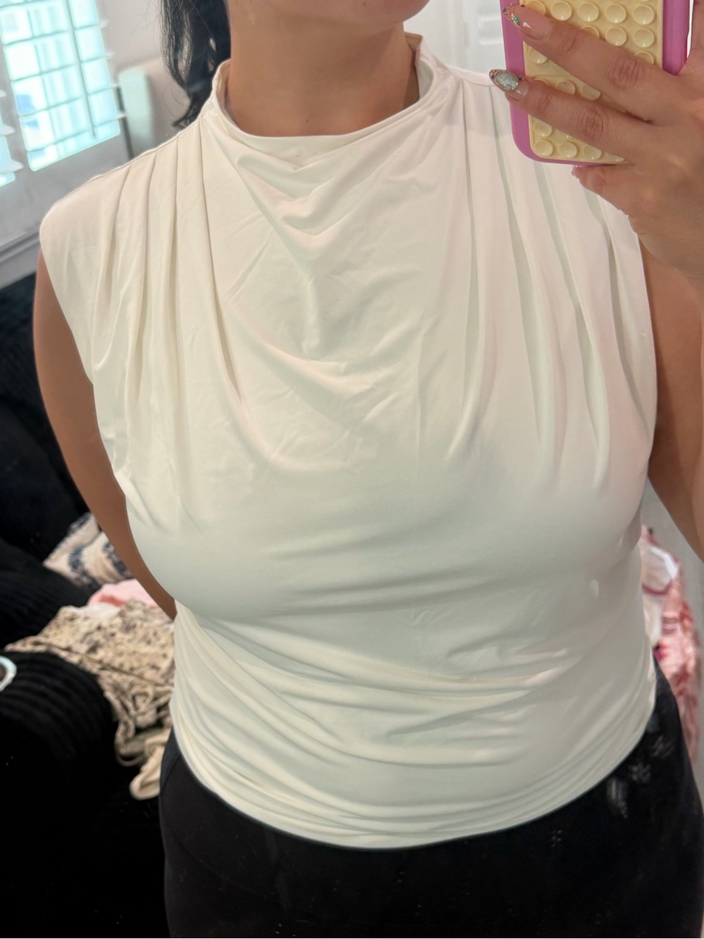 Sleeveless Draped Neck Womens Top - White